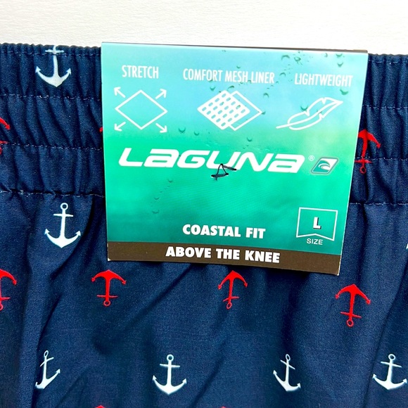 LAGUNA COASTAL FIT ABOVE THE KNEE BATHING SUIT, NAVY WITH RED & WHITE ANCHORS, L - Picture 9 of 15